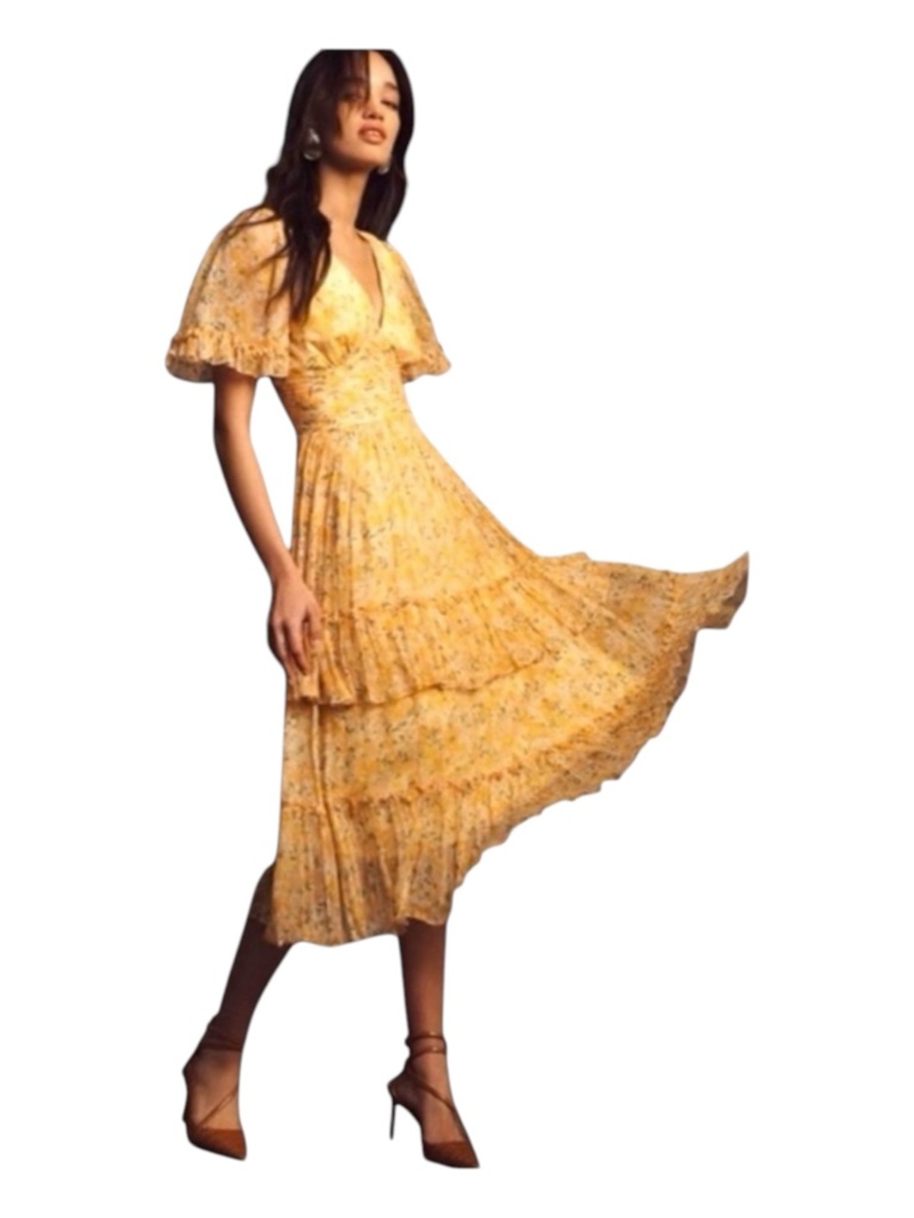 BHLDN BY ANTHROPOLOGIE Naomi V-Neck, Short Sleeve, Floral, Midi Dress, Size XS.